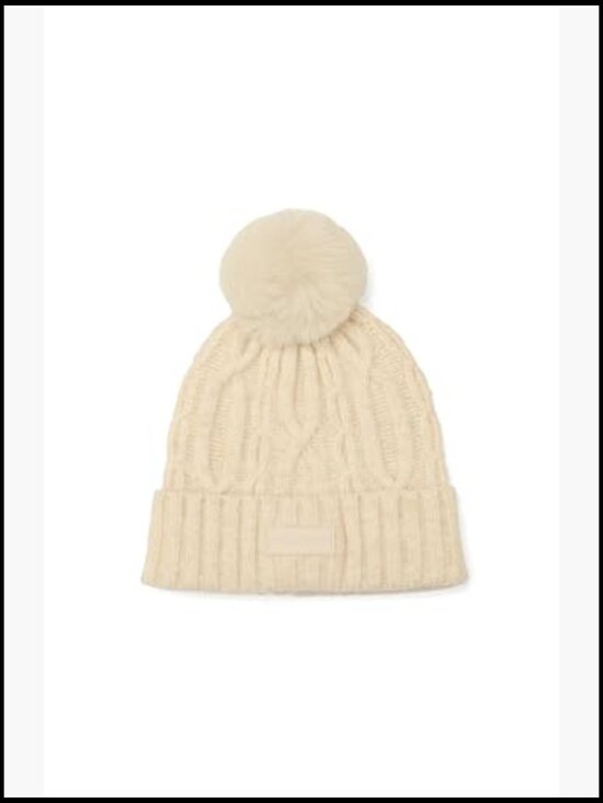 Cable Cuff Beanie with Faux Fur Pom, Recycled Polyester Blend, Warm Winter Hat